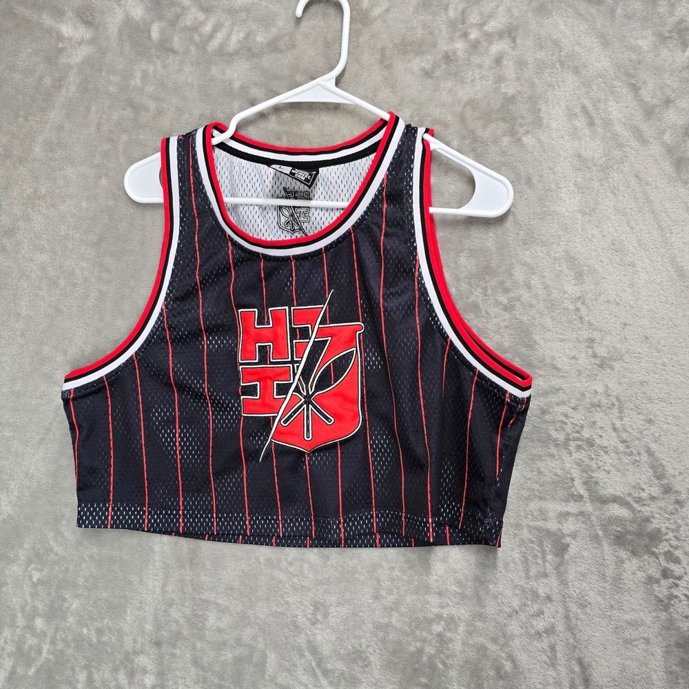 HI FINEST Size L Cropped Jersey Tank Top Black Red Pinstripe Athletic Gym - Picture 10 of 11